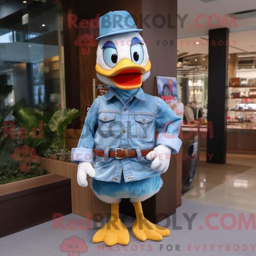 Costume De Mascotte Redbrokoly De Canard Bleu Ciel Habillé D Une Chemise En Jean Et De Porte-Clés