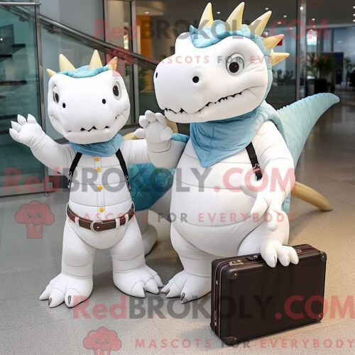 Costume Mascotte Redbrokoly De Stégosaure Blanc Personnage Habillé Avec Un Jean Boyfriend Et Des Porte-Documents