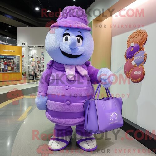 Personnage De Costume De Mascotte Redbrokoly De Bonbon À La Lavande Habillé Avec Une Dissimulation Et Des Sacs Messager