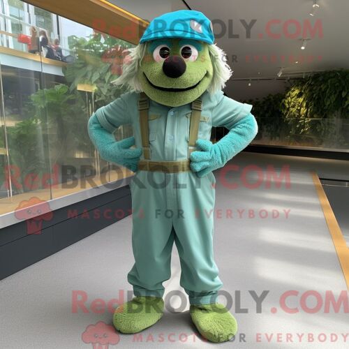 Costume Mascotte Redbrokoly De Béret Vert Turquoise Personnage Habillé Avec Une Salopette Et Des Bandeaux