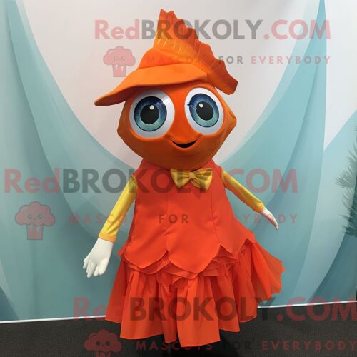 Costume De Mascotte Redbrokoly De Thon Orange Personnage Habillé D Une Robe De Cocktail Et De Clips Pour Écharpe