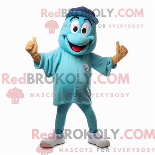 Costume De Mascotte Redbrokoly De Hot Dogs Bleu Sarcelle Habillé Avec Un Jegging Et Une Casquette