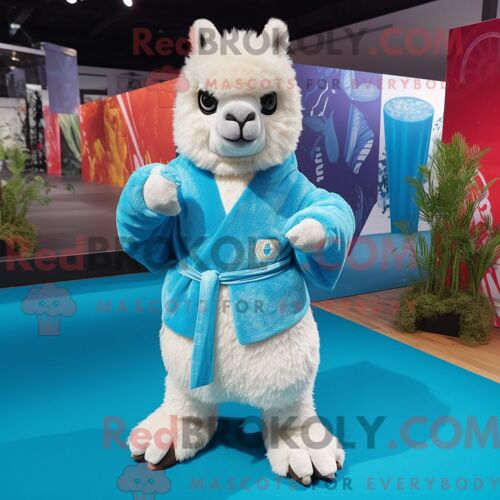 Costume Mascotte Redbrokoly D Alpaga Bleu Ciel Habillé D Un Pantalon De Yoga Et De Pochettes De Costume