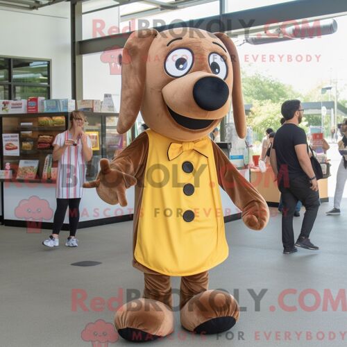 Personnage De Costume De Mascotte Redbrokoly De Hot Dogs Marron Habillé Avec Une Chemise Habillée Et Des Pochettes