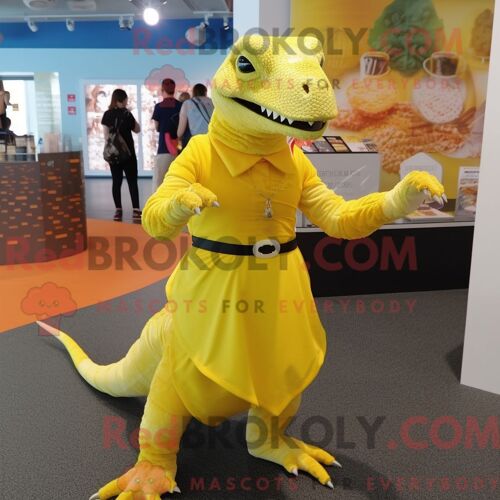 Personnage De Costume De Mascotte Redbrokoly De Dragon De Komodo Jaune Citron Habillé Avec Une Jupe Et Des Bracelets De Cheville