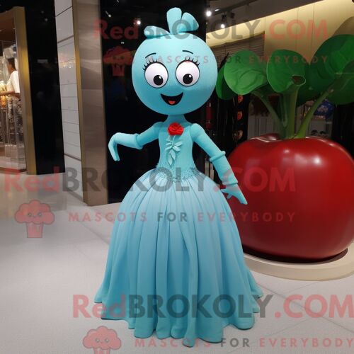 Costume De Mascotte Redbrokoly De Cerise Cyan Habillé D Une Robe De Soirée Et De Broches
