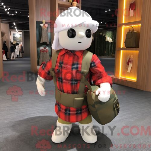 Costume De Mascotte Redbrokoly De Soldat Blanc Habillé D Une Chemise En Flanelle Et De Sacs À Main
