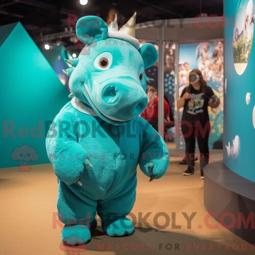 Costume De Mascotte Redbrokoly De Rhinocéros Bleu Sarcelle Habillé D Une Combishort Et De Pinces À Cheveux