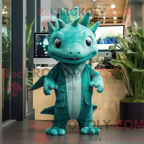 Costume De Mascotte Redbrokoly D Axolotls Bleu Sarcelle Habillé D Une Combishort Et De Boucles D Oreilles