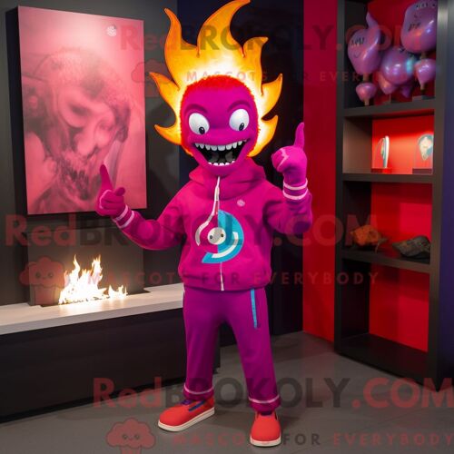Costume De Mascotte Redbrokoly De Cracheur De Feu Magenta Habillé D Un Sweat-Shirt Et D Épingles À Cravate