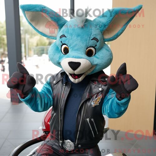 Costume De Mascotte Redbrokoly De Kangourou Bleu Sarcelle Habillé D Une Veste De Motard Et De Noeuds Papillons
