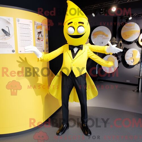 Costume Mascotte Redbrokoly D Acrobat Jaune Citron Personnage Habillé D Un Smoking Et D Épingles À Cheveux