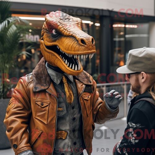 Costume Mascotte Redbrokoly De Vélociraptor Habillé D Une Veste En Cuir Et De Montres