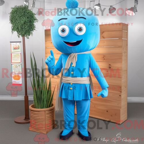 Costume De Mascotte Redbrokoly Pad Thai Bleu Personnage Habillé D Un Pantalon En Velours Côtelé Et D Épingles À Cravate