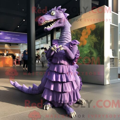 Costume Mascotte Redbrokoly De Spinosaure Violet Personnage Habillé D Une Robe Longue Et De Clips Pour Écharpe