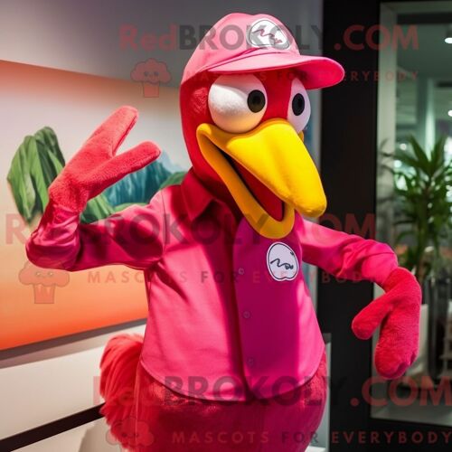 Costume Mascotte Redbrokoly De Flamant Magenta Personnage Habillé Avec Un Gilet Et Des Casquettes
