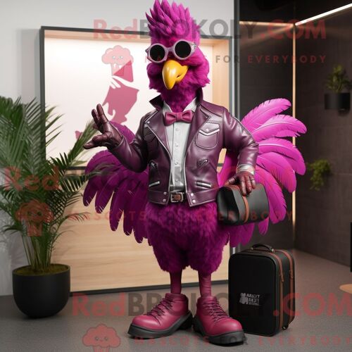 Personnage Mascotte Redbrokoly Des Coqs Magenta Habillé Avec Une Veste De Moto Et Des Porte-Documents