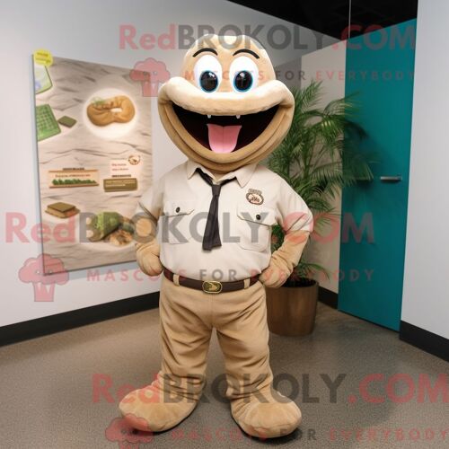 Mascotte Redbrokoly De Serpent Beige Personnage Habillé Avec Une Chemise Oxford Et Des Lacets De Chaussures