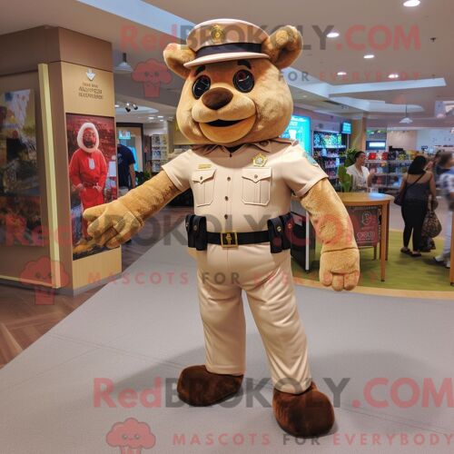 Personnage De Costume De Mascotte Redbrokoly D Officier De Police Beige Habillé Avec Une Barboteuse Et Des Sacs À Dos