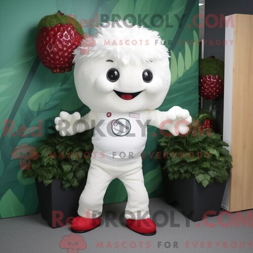Mascotte Redbrokoly De Personnage De Framboise Blanche Habillée D Un Pantalon Et D Anneaux