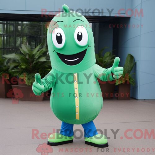 Personnage De Costume De Mascotte Redbrokoly De Haricot Vert Bleu Habillé Avec Une Veste Et Des Pinces À Chaussures