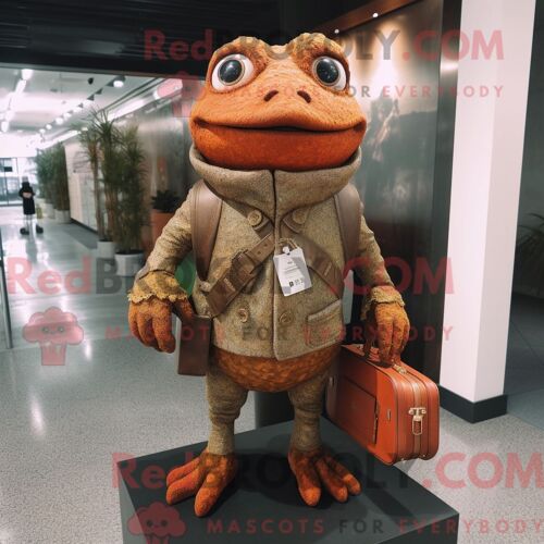 Personnage De Costume De Mascotte Redbrokoly De Grenouille Rouille Habillé Avec Un Pull Et Des Portefeuilles
