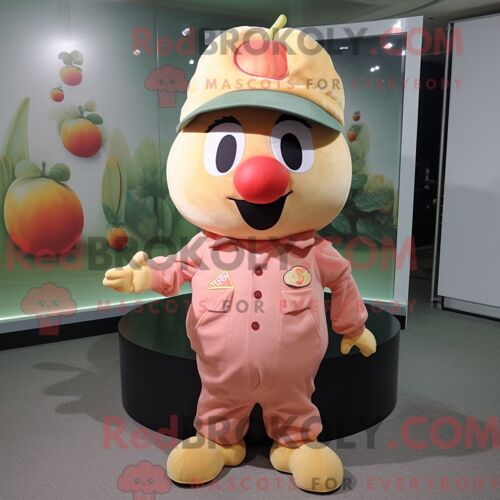 Personnage De Costume De Mascotte Redbrokoly De Pomme Pêche Habillé Avec Une Combinaison Et Des Chapeaux