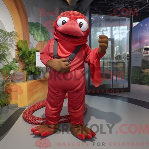 Costume Mascotte Redbrokoly D Anaconda Rouge Personnage Habillé D Un Pantalon En Velours Côtelé Et De Pinces À Cheveux