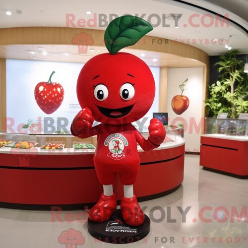 Personnage De Costume De Mascotte Redbrokoly De Cerise Rouge Habillé D Un Rash Guard Et De Montres-Bracelets