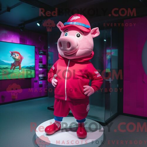 Costume Mascotte Redbrokoly De Cochon Magenta Personnage Habillé Avec Un Coupe-Vent Et Des Casquettes