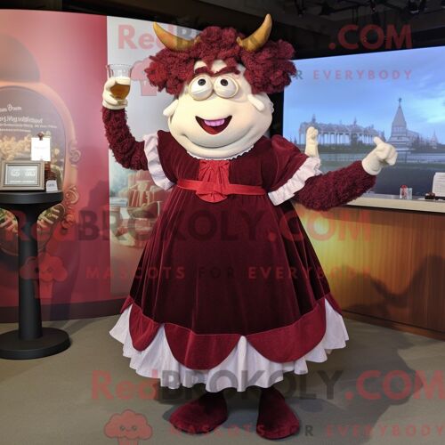 Costume De Mascotte Redbrokoly De B?uf Wellington Marron Habillé D Une Robe De Cocktail Et D Épingles À Châle