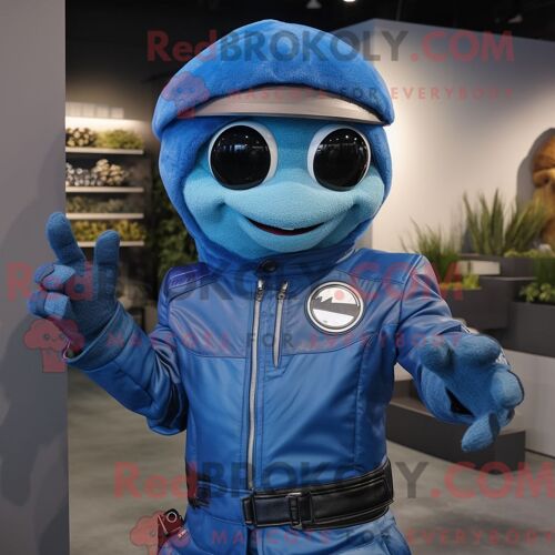 Costume Mascotte Redbrokoly De Falafel Bleu Personnage Habillé Avec Une Veste De Moto Et Des Gants