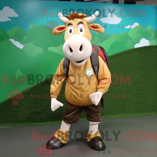 Costume Mascotte Redbrokoly De Vache De Guernesey Beige Personnage Habillé Avec Un Coupe-Vent Et Des Sacs À Dos
