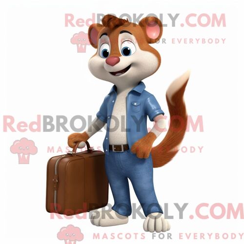 Personnage De Costume De Mascotte Redbrokoly De Belette Habillé Avec Un Jean Boyfriend Et Des Porte-Documents