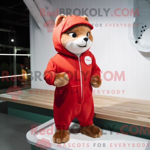 Costume Mascotte Redbrokoly De Furet Rouge Habillé D Un Sweat À Capuche Et De Boutons De Manchette