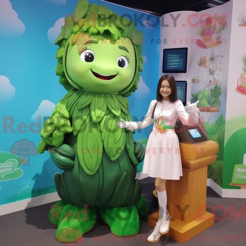 Personnage De Costume De Mascotte Redbrokoly De Haricot Magique Habillé D Une Mini-Jupe Et De Montres Intelligentes