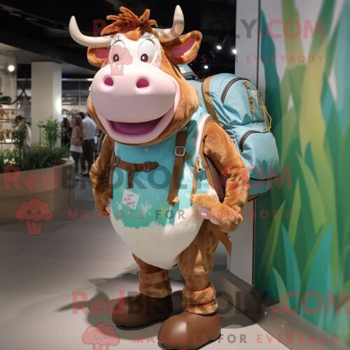 Personnage De Costume De Mascotte Redbrokoly De Vache De Guernesey Habillé Avec Un Short Et Des Sacs À Dos