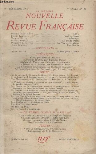 Collection La Nouvelle Nouvelle Revue Francaise N°48. Adieu Par Pierre Jean Jouve/ Carnets Divers Par Franz Kafka/ Salonique Par Michel Butor/ La Petite Place Par Pierre Gascar/ La Vue Et La ...
