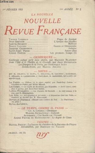 Collection La Nouvelle Nouvelle Revue Francaise N°2. Pages De Journal Par Valery Larbaud/ Lepoque Des Sibylles Par Jean Grenier/ Mahood Par Samuel Beckett/ Guerre Et Democratie Par Roger ...