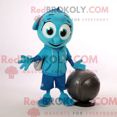 Personnage De Costume De Mascotte Redbrokoly De Ballon De Football Turquoise Habillé Avec Un Pull Et Des Sacs À Main