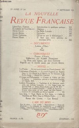 Collection La Nouvelle Revue Francaise N° 264. Introduction A Quelques Poemes Par Leon Paul Fargue/ Matines Par Elizabeth De Vautibault/ La Belle Lurette Par Henri Calet/ Quest Ce Que La ...