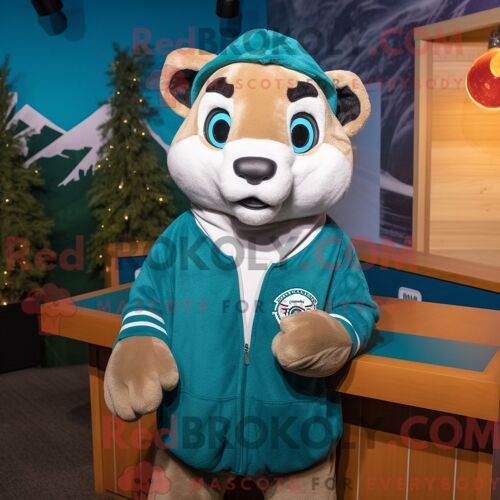 Costume De Mascotte Redbrokoly De Lion De Montagne Bleu Sarcelle Habillé Avec Un Pull Et Des Bonnets