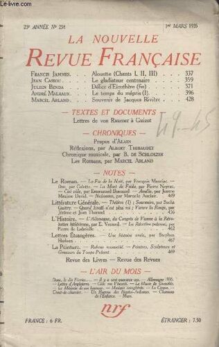 Collection La Nouvelle Revue Francaise N° 258. Alouette Par Francis James/ Le Gladiateur Centenaire Par Jean Cassou/ Souvenir De Jacques Riviere Par Marcel Arland.