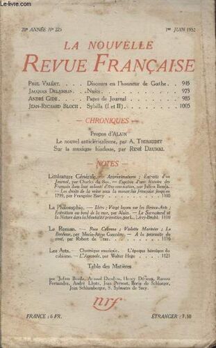 Collection La Nouvelle Revue Francaise N° 225.Discours En Lhonneur De Goethe Par Paul Valery/ Nuits Pas Jacques Delamain/ Pages De Journal Par Andre Gide.
