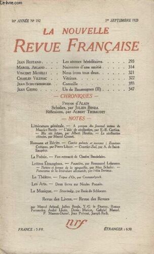 Collection La Nouvelle Revue Francaise N° 192. Les Atomes Hereditaires Par Jean Rostand/ Naissance Dune Amitie Par Marcel Arland/ Vitrines Par Charles Vildrac/ Corneille Par Jean ...