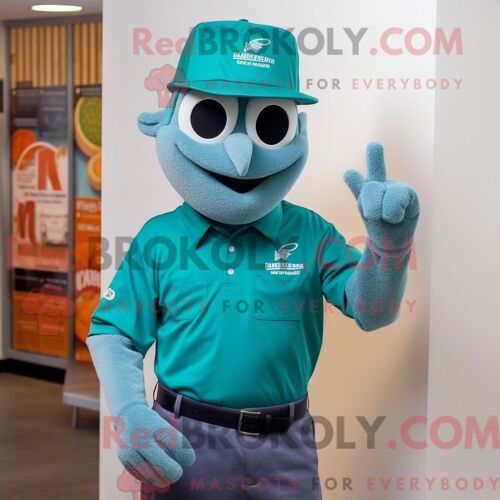 Costume De Mascotte Redbrokoly De Mort-Vivant Bleu Sarcelle Habillé Avec Un Polo Et Des Épingles À Chapeau