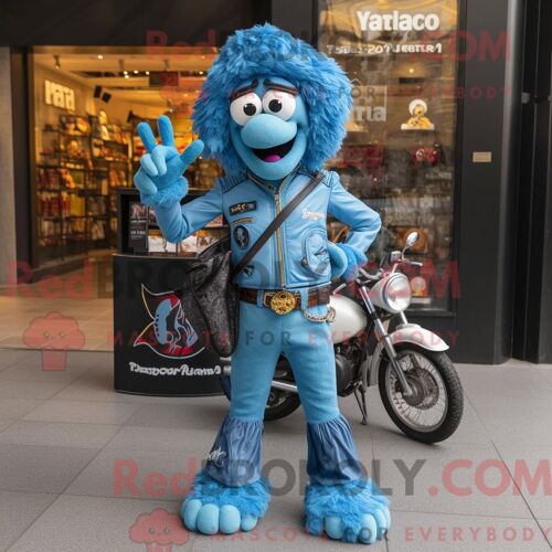 Costume De Mascotte Redbrokoly De Paella Bleu Ciel Personnage Habillé D Une Veste De Motard Et D Un Porte-Monnaie