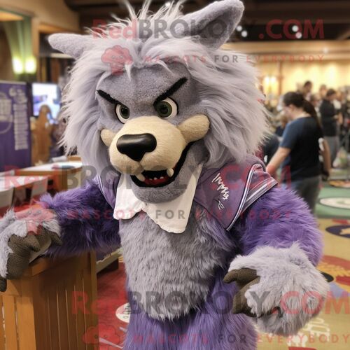 Costume De Mascotte Redbrokoly De Loup-Garou Lavande Personnage Habillé D Un Pull Et D Épingles À Châle