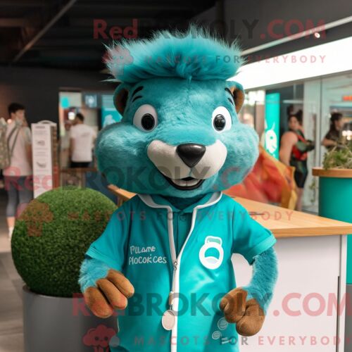 Costume De Mascotte Redbrokoly De Mangouste Turquoise Habillé Avec Un Polo Et Des Épingles À Cheveux