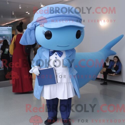 Costume De Mascotte Redbrokoly De Baleine Bleue Ciel Personnage Habillé Avec Une Jupe Crayon Et Des Foulards